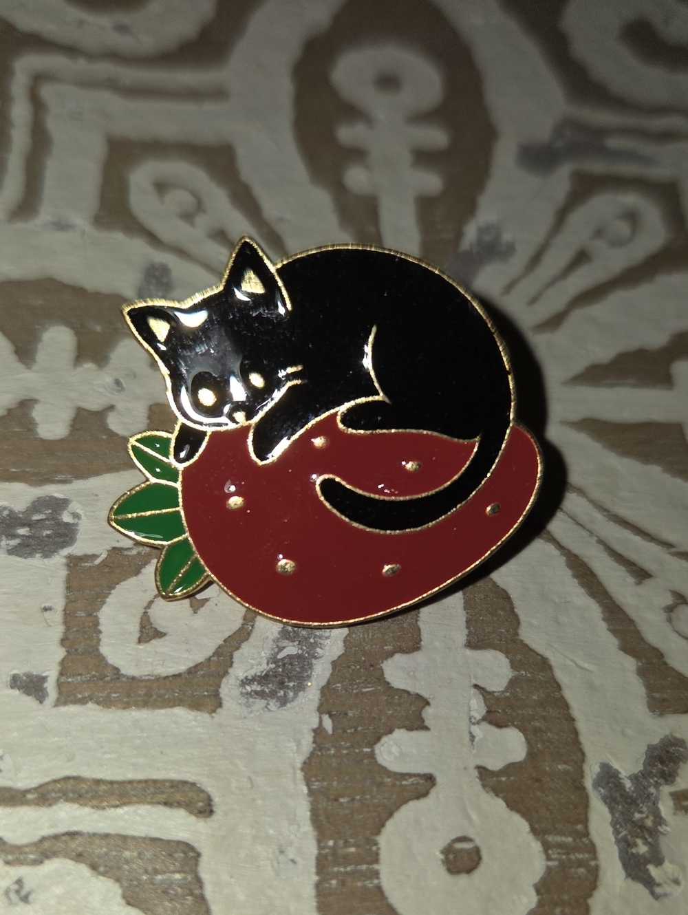 Enamel Pin - Black Cat on Red Strawberry